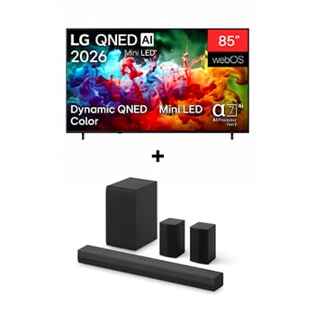 Vista frontal de 85 " LG QNED AI Mini LED QNED70 4K Smart TV 2026 + LG Soundbar | 400 W | 4.1 ch |incluye 2 altavoces traseros 85QN7BS40T